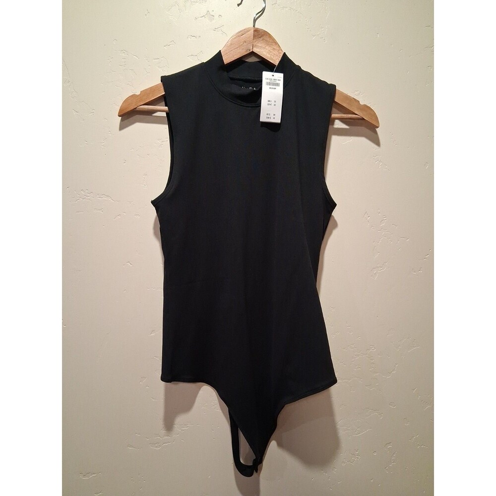 NWT Abercrombie & Fitch Bodysuit Wmn's M Black Short Sleeve Mock Neck Snap Thong